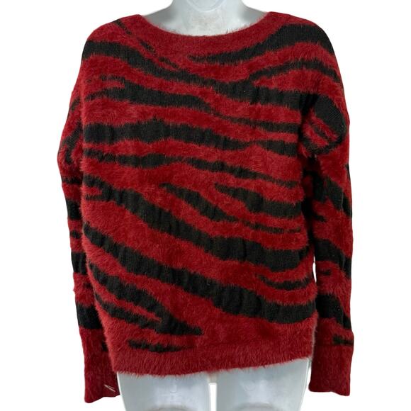 Express Red Black Tiger Stripe Lace Up V-Neck Fuzzy Eyelash Crop Sweater Size XS - Picture 4 of 9